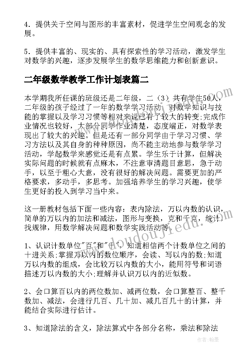 2023年二年级数学教学工作计划表 二年级数学教学工作计划(优质6篇)