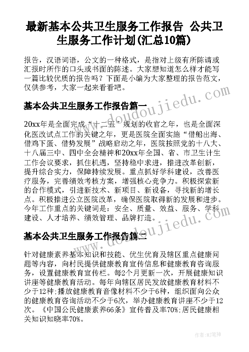 最新基本公共卫生服务工作报告 公共卫生服务工作计划(汇总10篇)