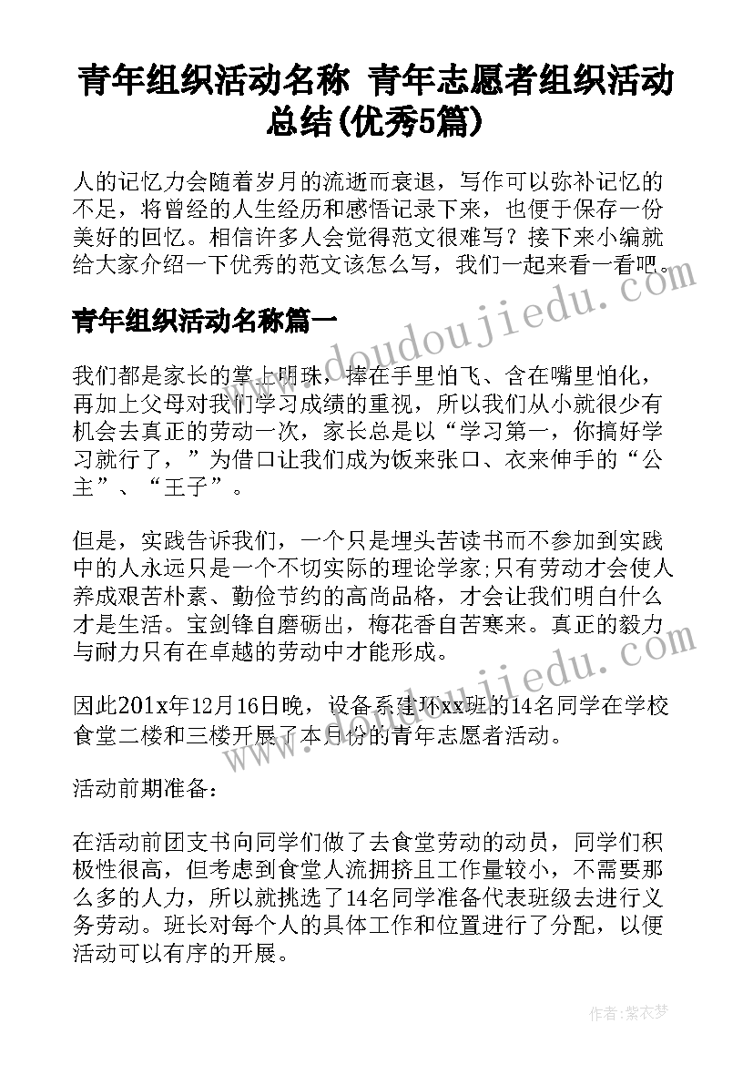 青年组织活动名称 青年志愿者组织活动总结(优秀5篇)