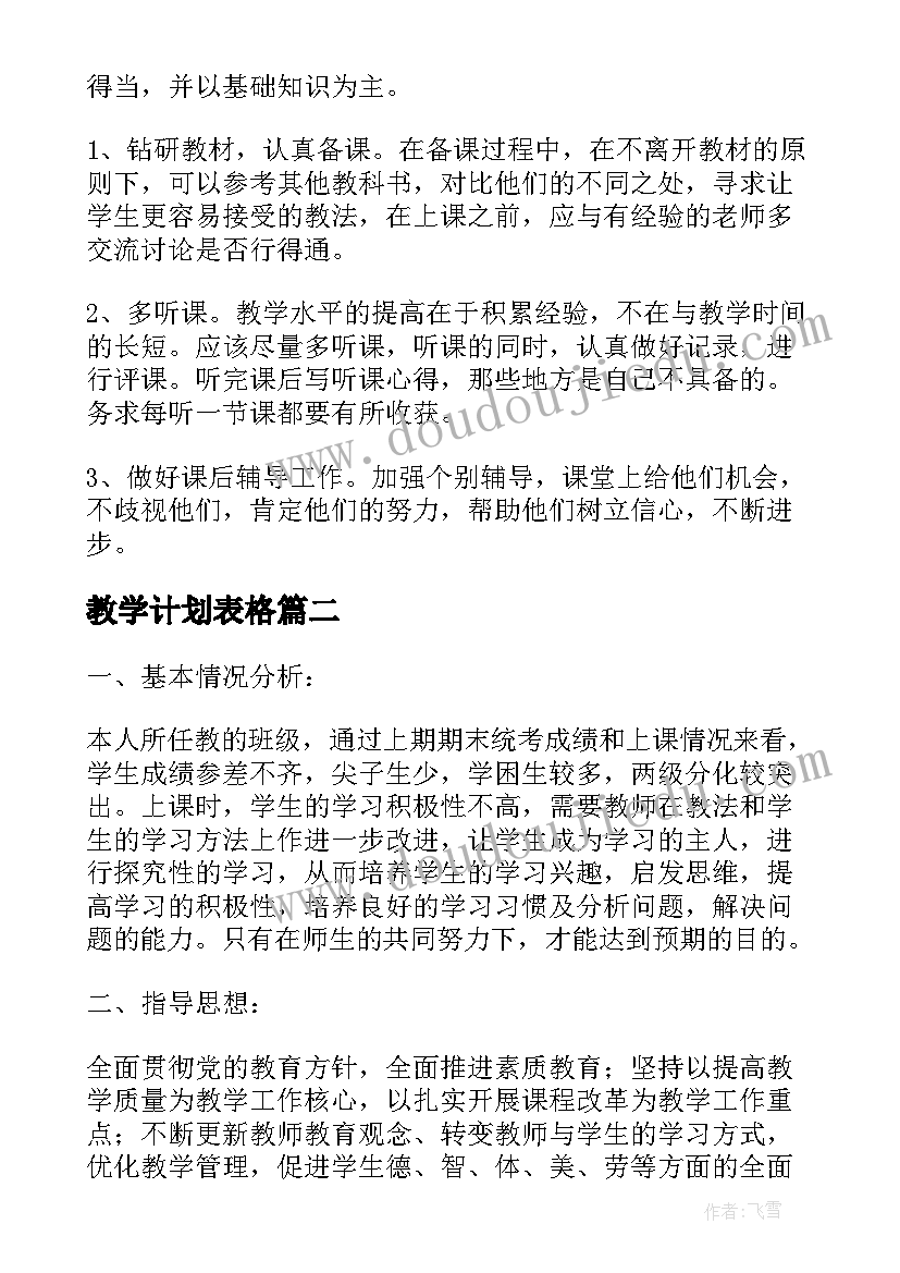 最新教学计划表格(大全9篇)