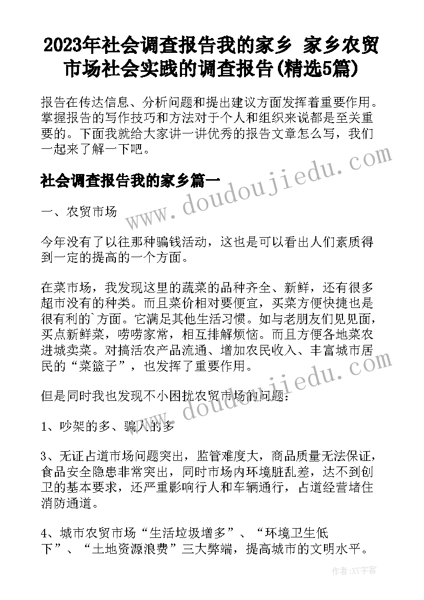 2023年社会调查报告我的家乡 家乡农贸市场社会实践的调查报告(精选5篇)