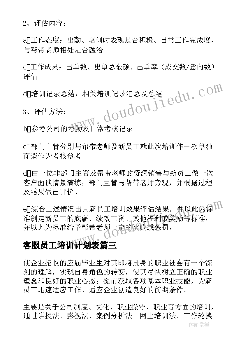 客服员工培训计划表(大全9篇)