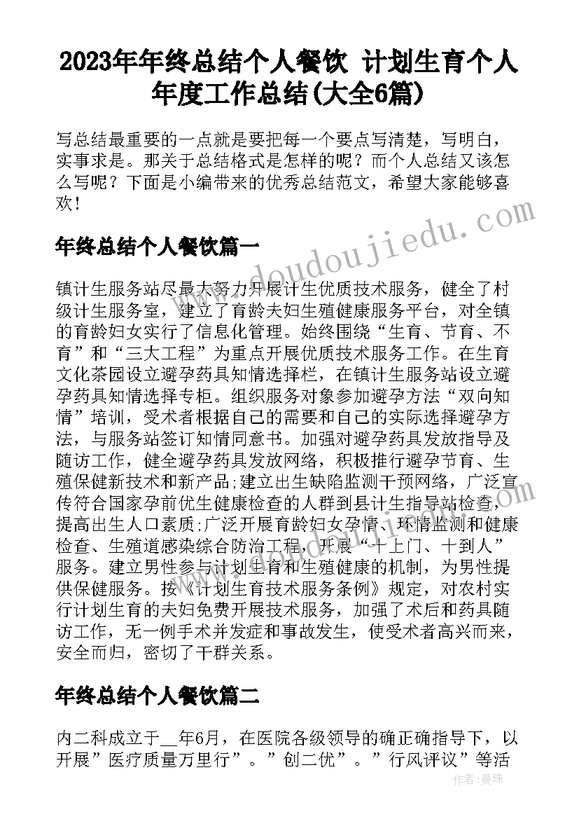 2023年年终总结个人餐饮 计划生育个人年度工作总结(大全6篇)