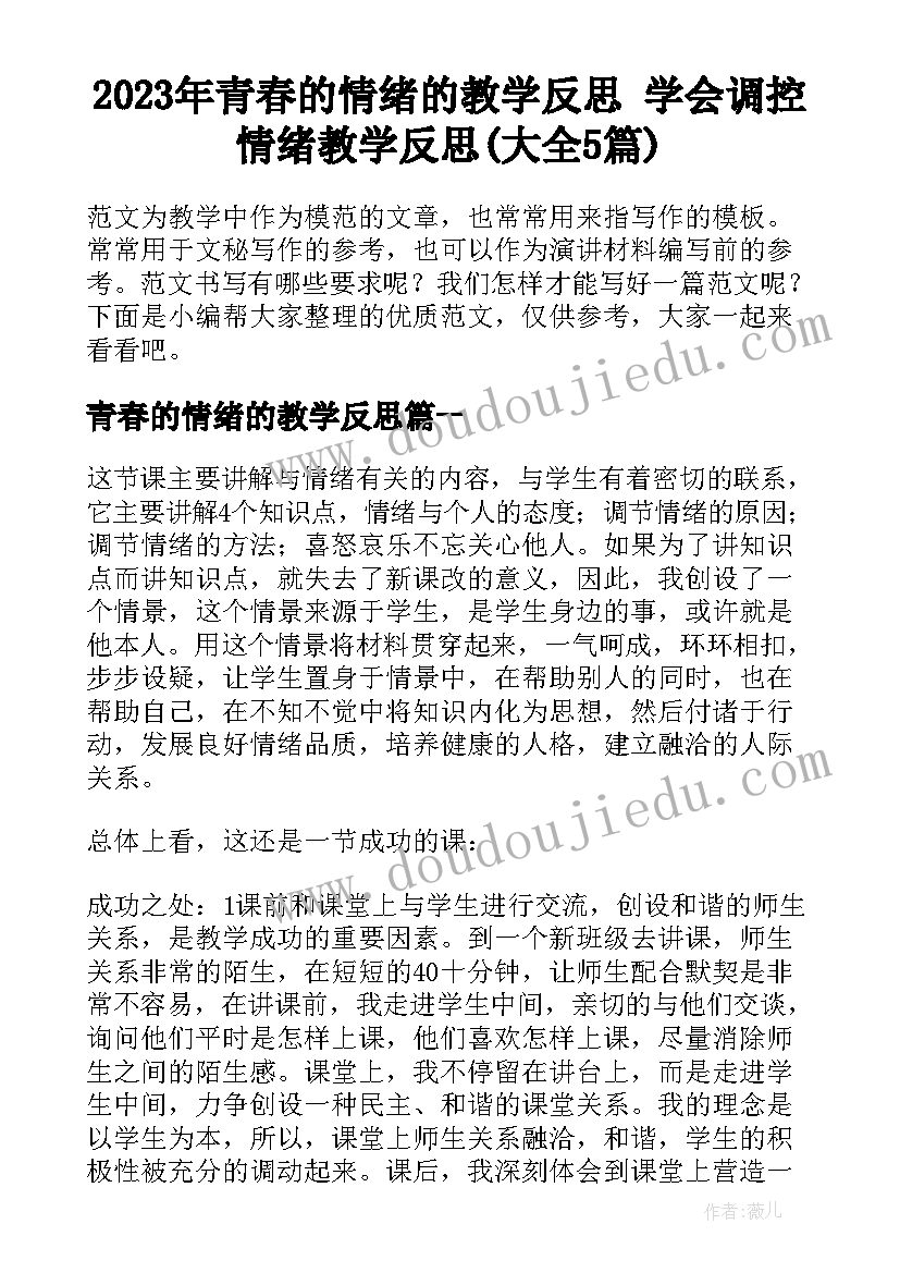 2023年青春的情绪的教学反思 学会调控情绪教学反思(大全5篇)