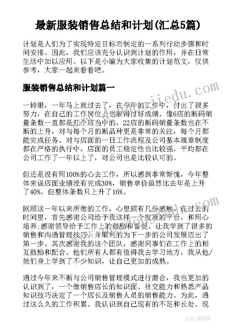 最新服装销售总结和计划(汇总5篇)