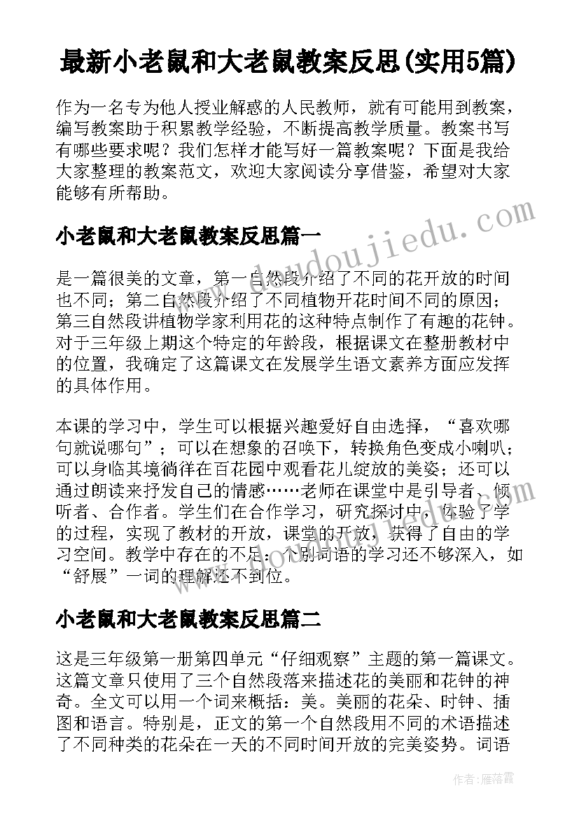 最新小老鼠和大老鼠教案反思(实用5篇)