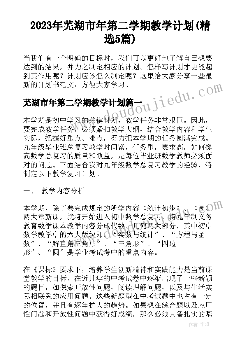 2023年芜湖市年第二学期教学计划(精选5篇)