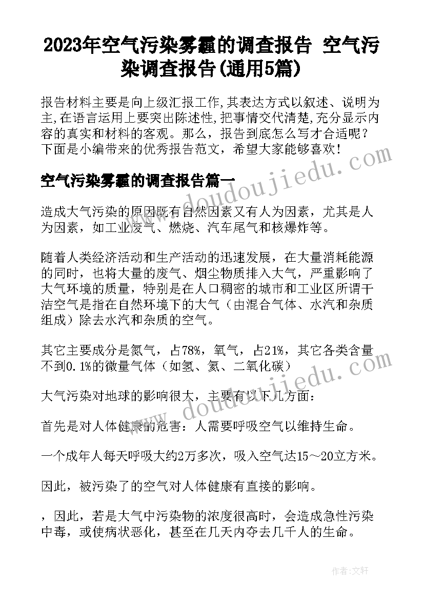 2023年空气污染雾霾的调查报告 空气污染调查报告(通用5篇)