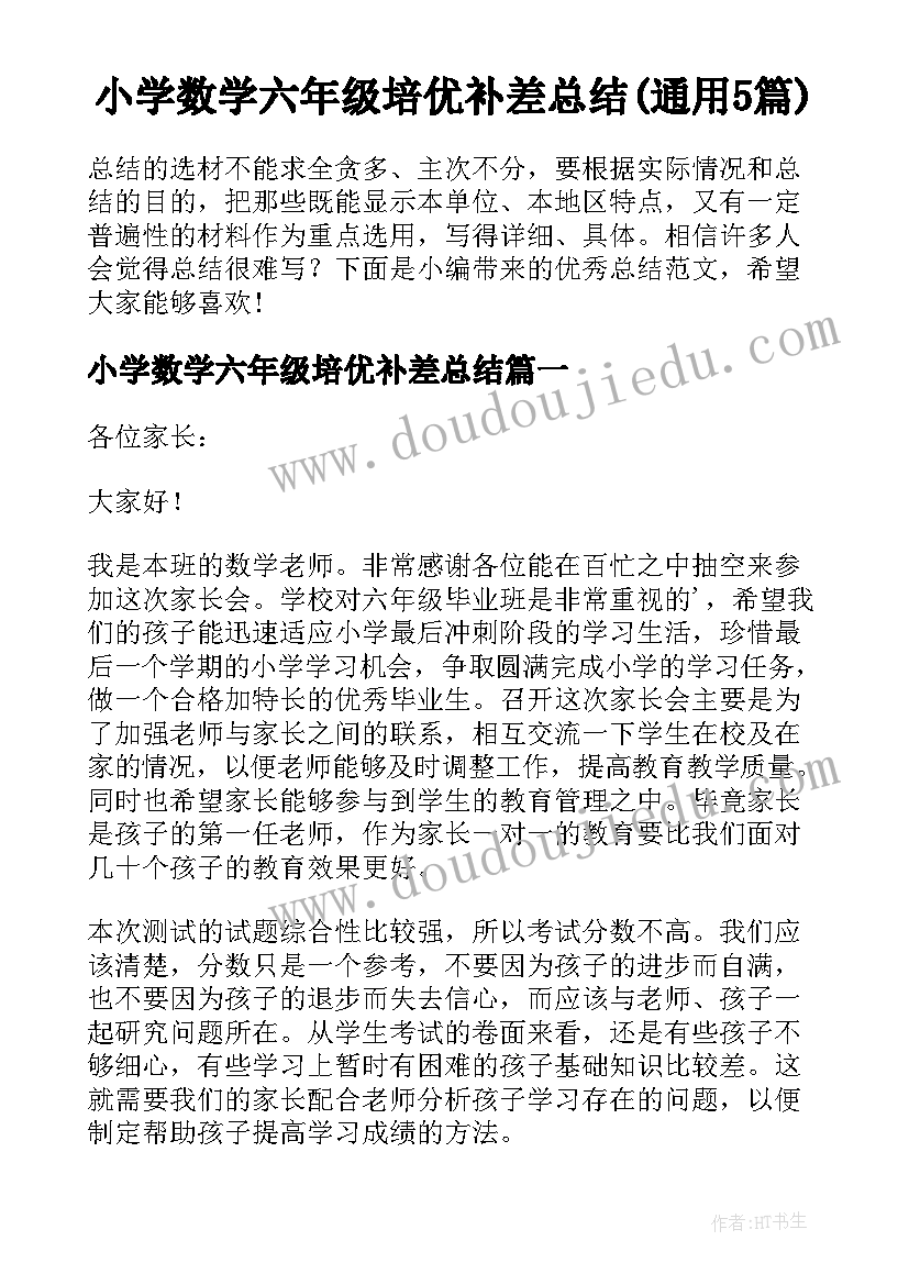 小学数学六年级培优补差总结(通用5篇)