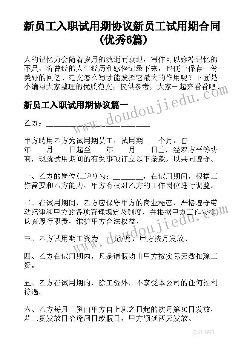 新员工入职试用期协议 新员工试用期合同(优秀6篇)