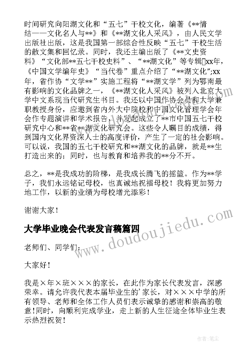 2023年大学毕业晚会代表发言稿(汇总7篇)