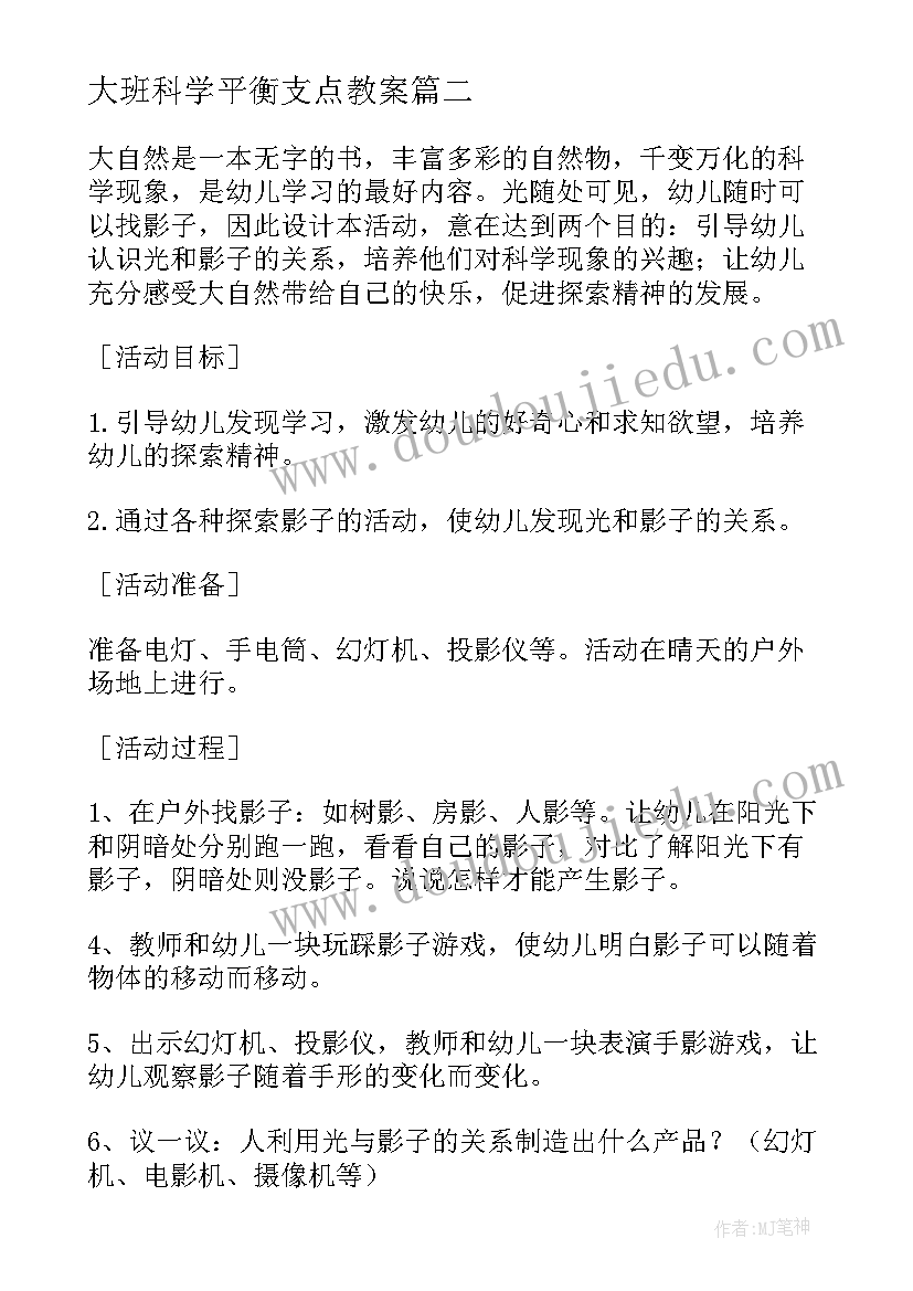 大班科学平衡支点教案 大班科学活动方案(通用10篇)