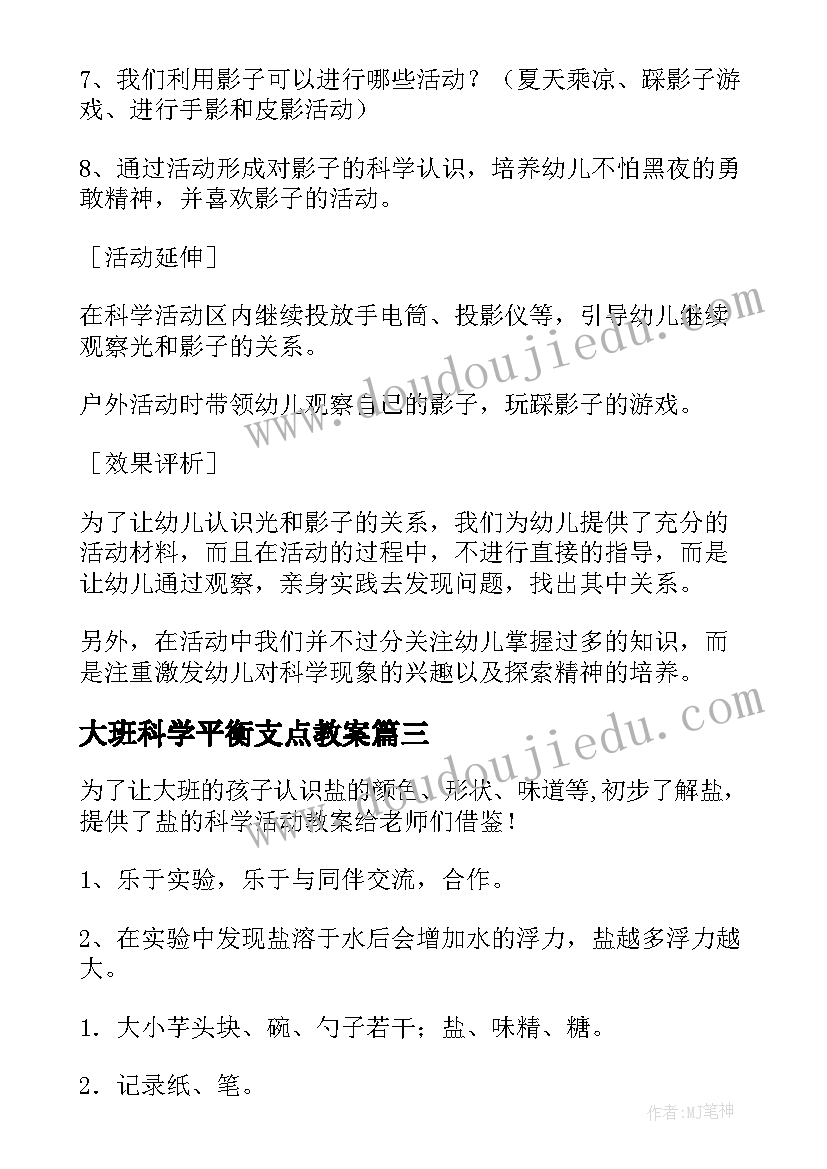 大班科学平衡支点教案 大班科学活动方案(通用10篇)