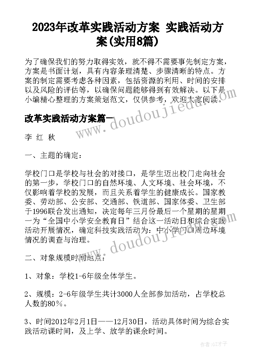 2023年改革实践活动方案 实践活动方案(实用8篇)