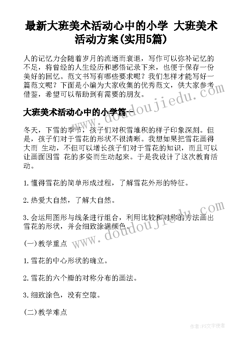 最新大班美术活动心中的小学 大班美术活动方案(实用5篇)