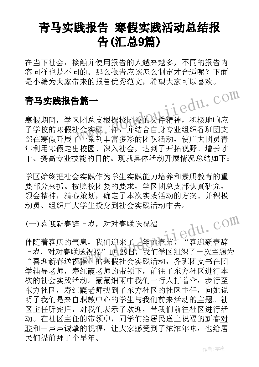 青马实践报告 寒假实践活动总结报告(汇总9篇)