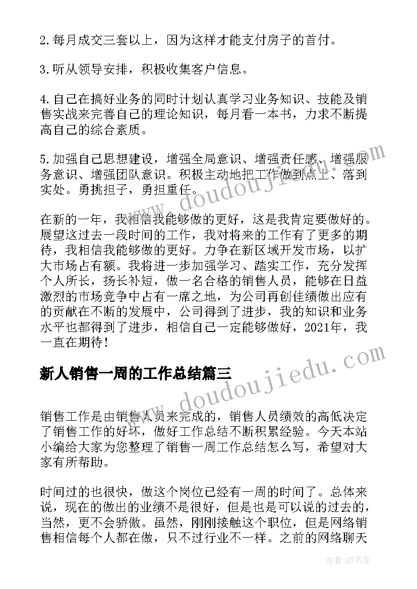 2023年新人销售一周的工作总结(大全9篇)