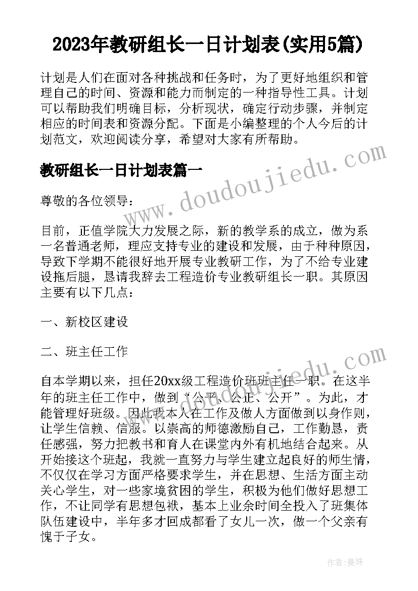 2023年教研组长一日计划表(实用5篇)