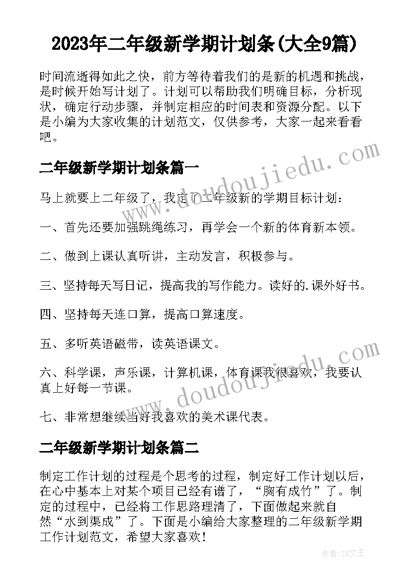 2023年二年级新学期计划条(大全9篇)