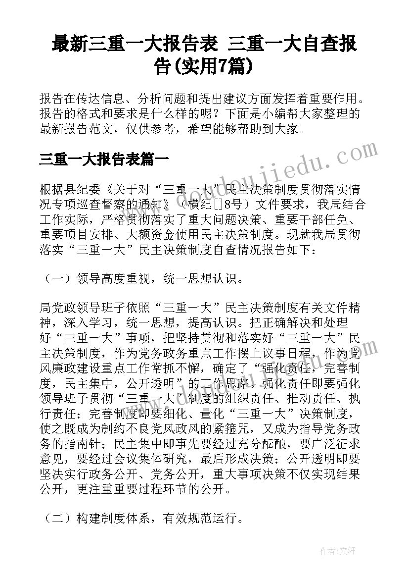 最新三重一大报告表 三重一大自查报告(实用7篇)