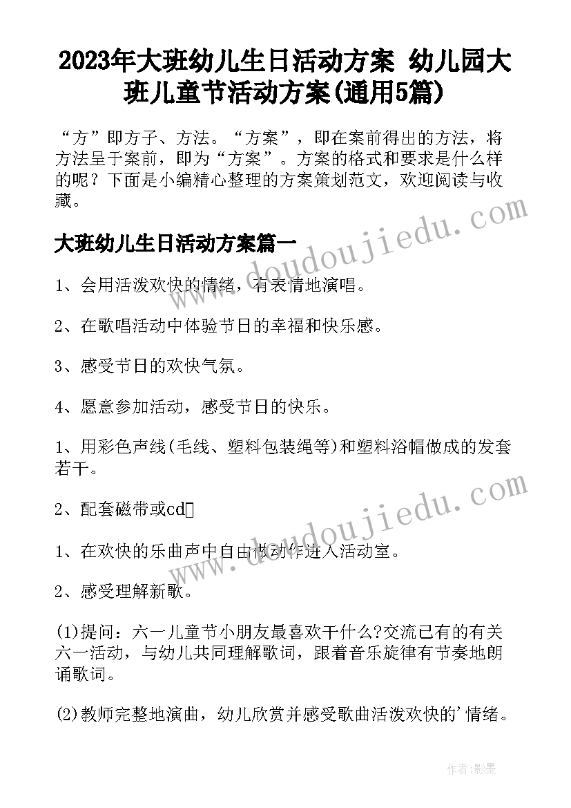 2023年大班幼儿生日活动方案 幼儿园大班儿童节活动方案(通用5篇)