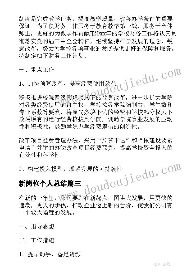 最新新岗位个人总结 领导新岗位工作计划优选(大全5篇)