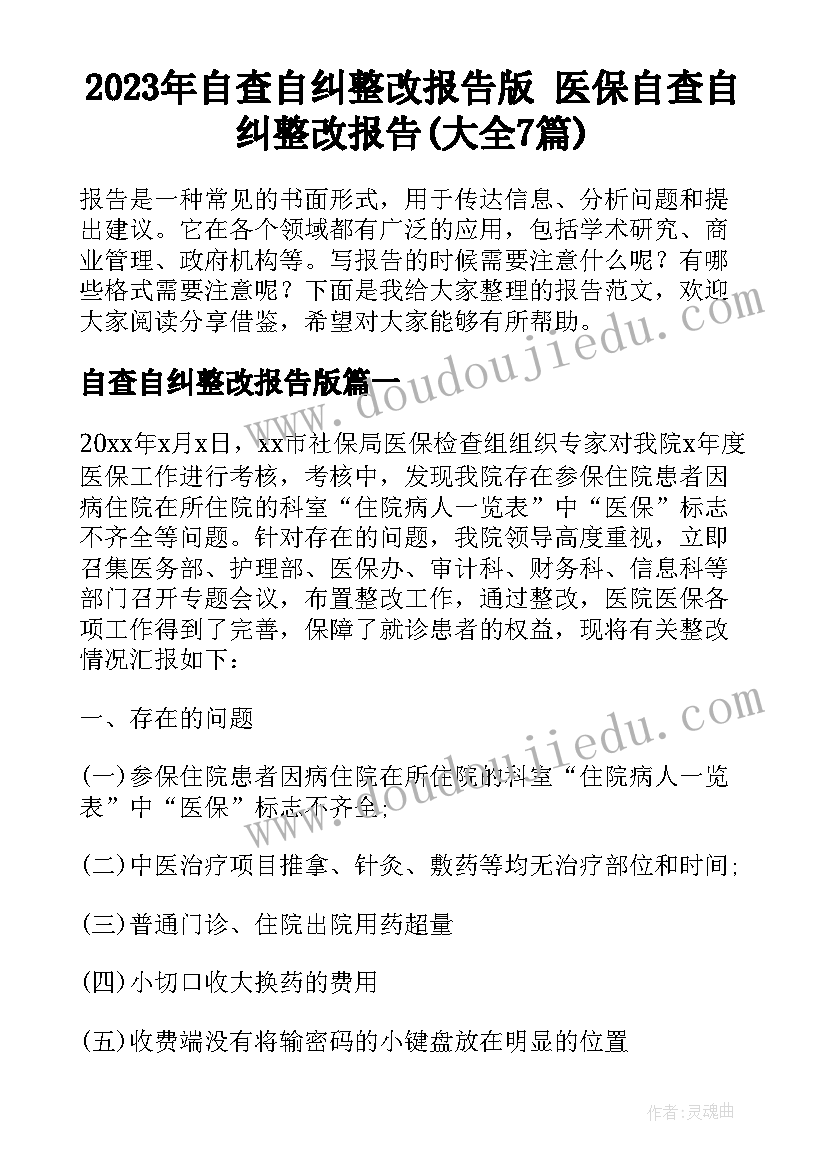 2023年自查自纠整改报告版 医保自查自纠整改报告(大全7篇)