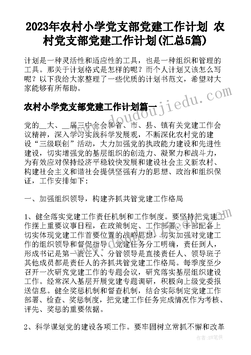 2023年农村小学党支部党建工作计划 农村党支部党建工作计划(汇总5篇)