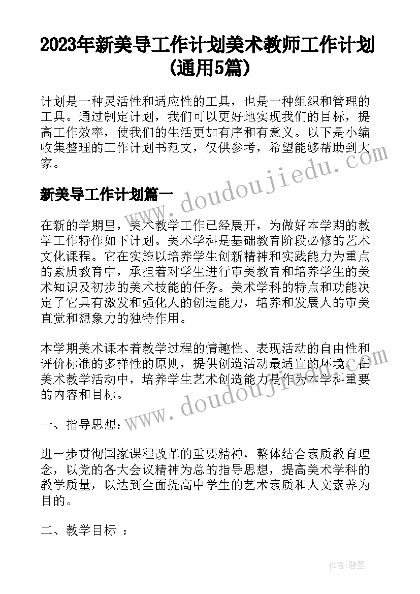 2023年新美导工作计划 美术教师工作计划(通用5篇)