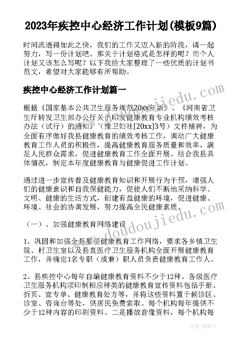 2023年疾控中心经济工作计划(模板9篇)