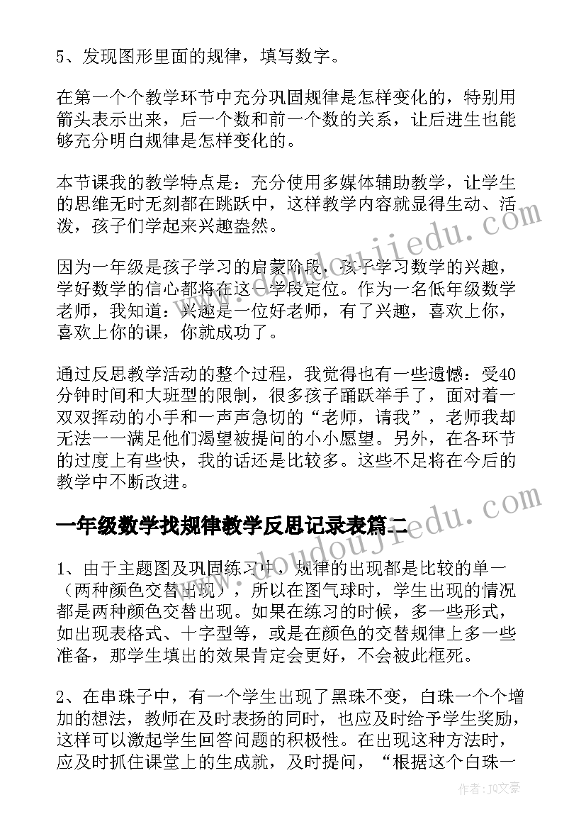 一年级数学找规律教学反思记录表(模板9篇)