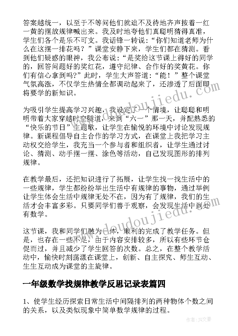 一年级数学找规律教学反思记录表(模板9篇)