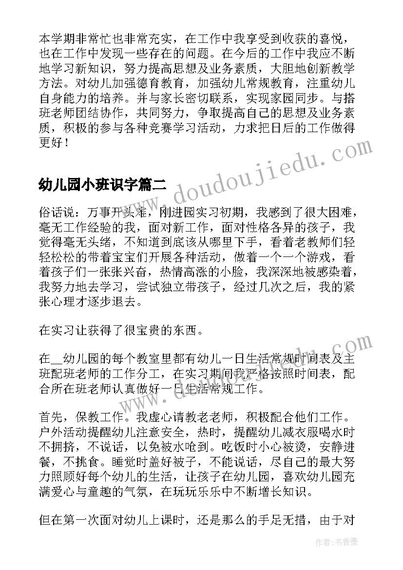 2023年幼儿园小班识字 幼儿园小班个人工作总结报告(汇总8篇)