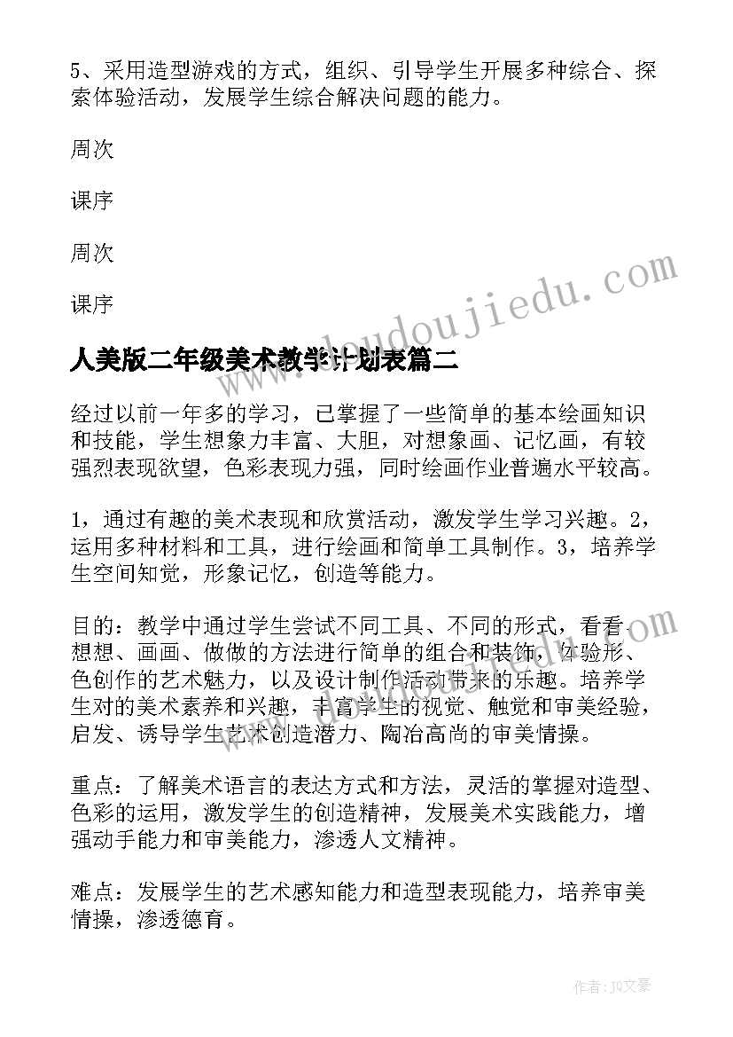 人美版二年级美术教学计划表 二年级美术教学计划(优秀7篇)