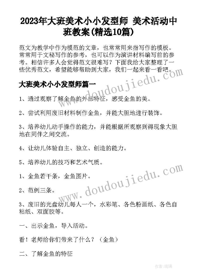 2023年大班美术小小发型师 美术活动中班教案(精选10篇)