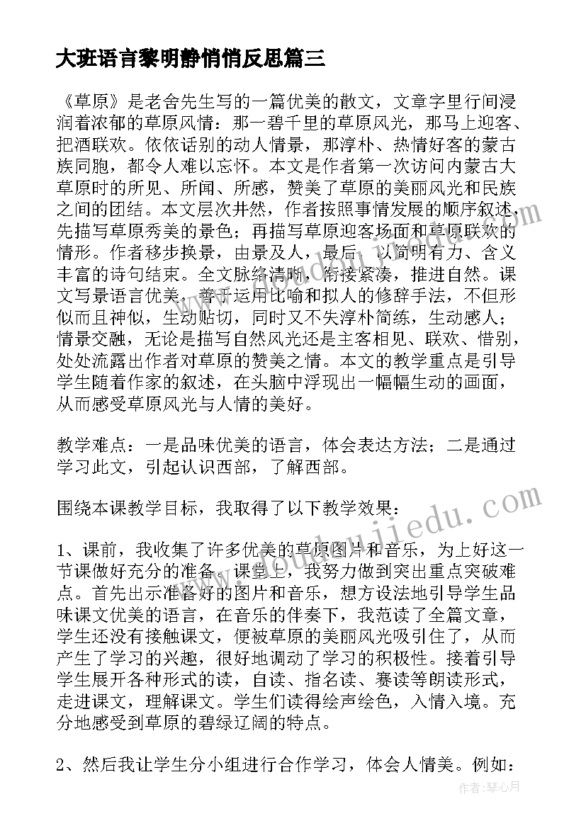 2023年大班语言黎明静悄悄反思 语文教学反思三年级语文教学反思(优秀8篇)