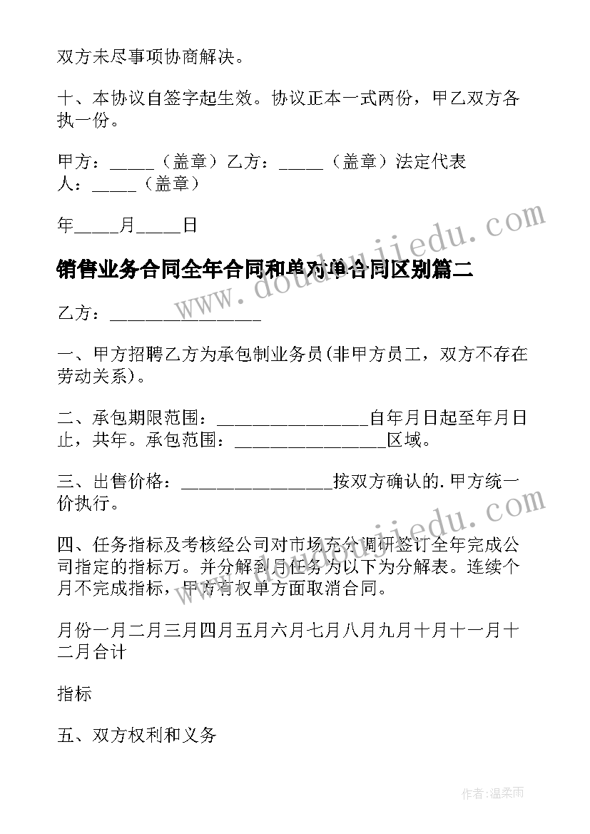 最新销售业务合同全年合同和单对单合同区别 销售业务承包合同(汇总9篇)