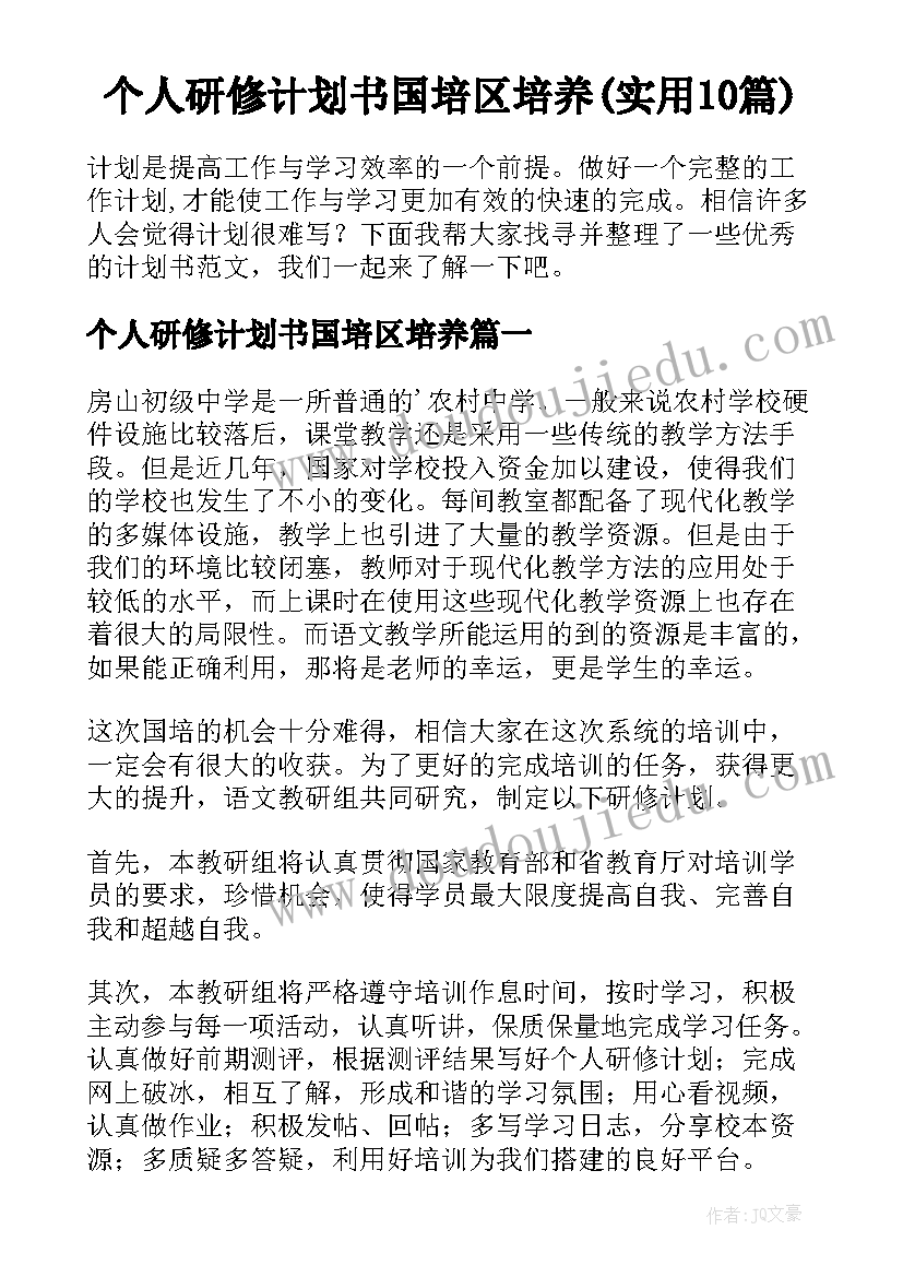 个人研修计划书国培区培养(实用10篇)