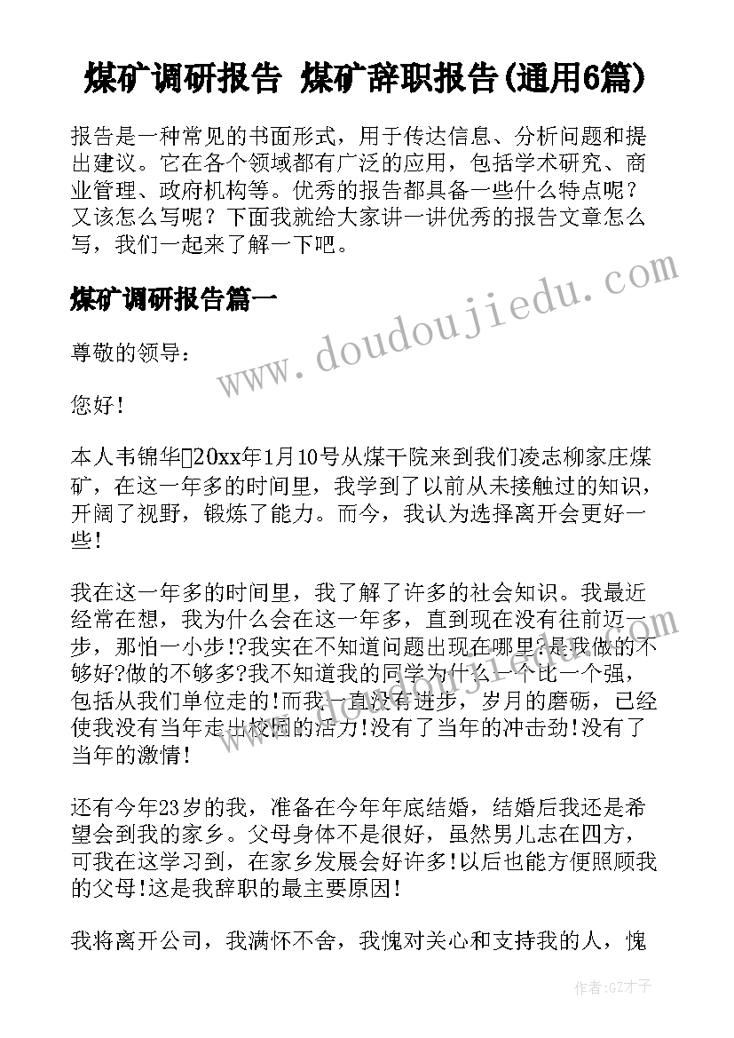 煤矿调研报告 煤矿辞职报告(通用6篇)