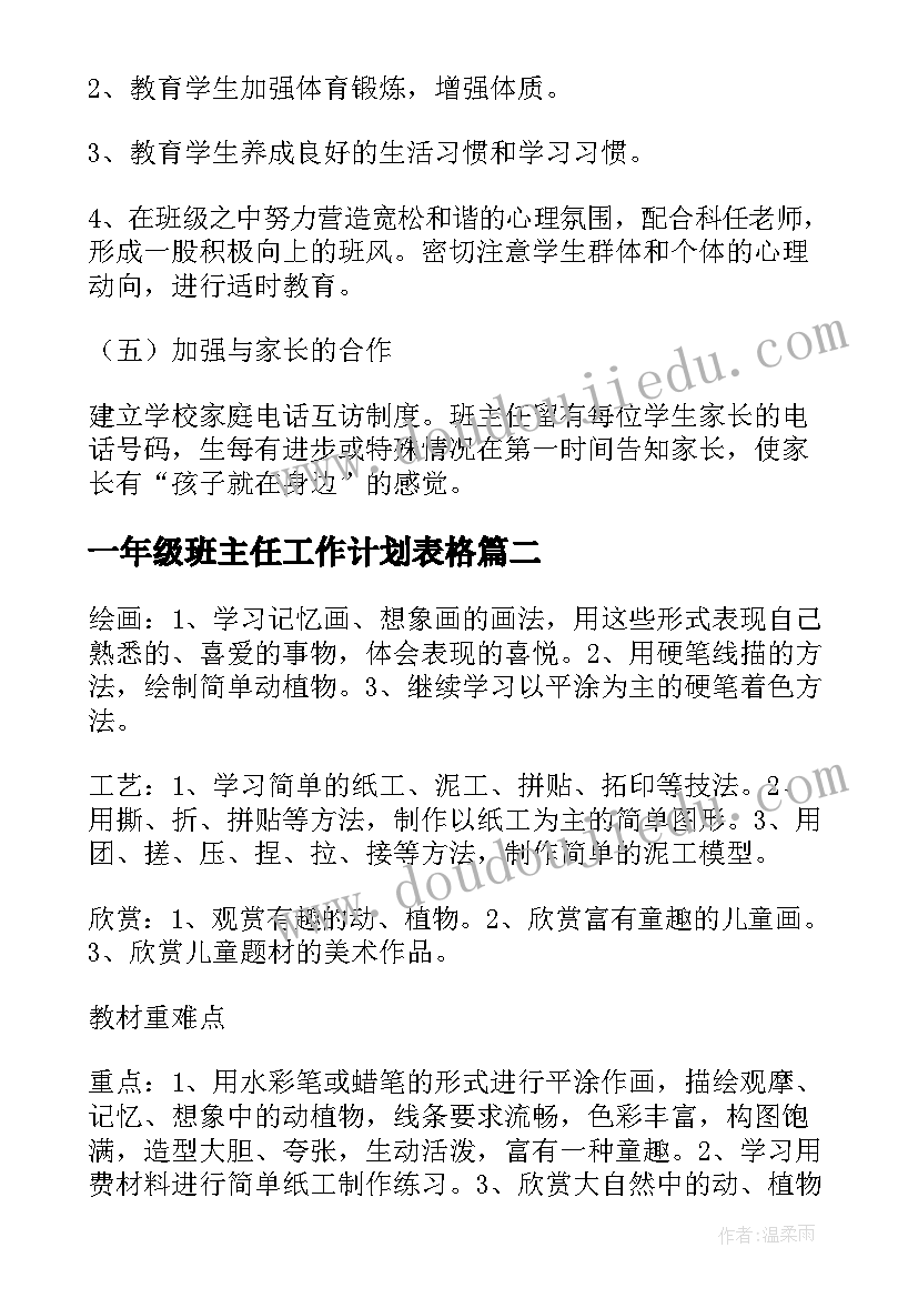 一年级班主任工作计划表格 一年级新学期班主任工作计划表(优秀5篇)