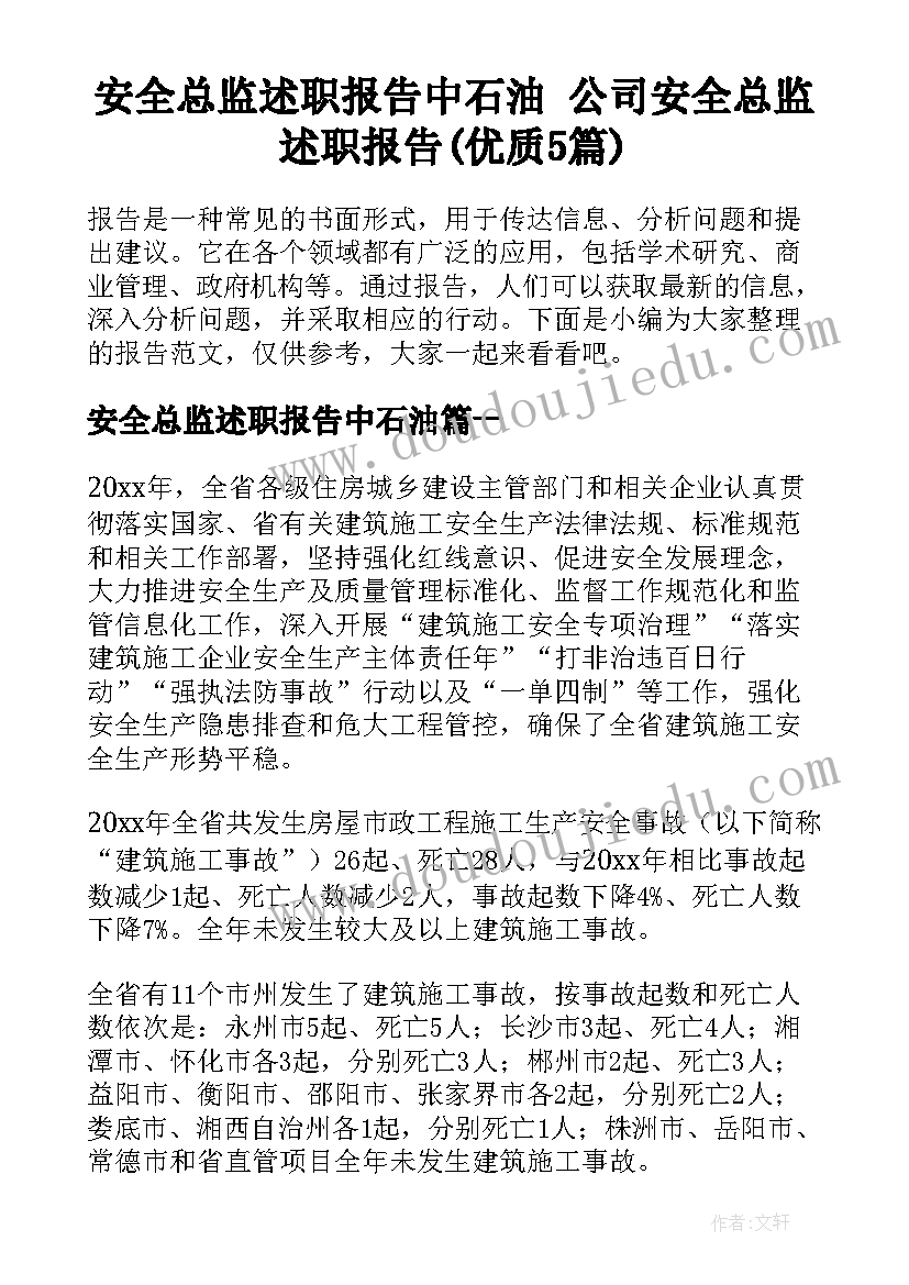 安全总监述职报告中石油 公司安全总监述职报告(优质5篇)