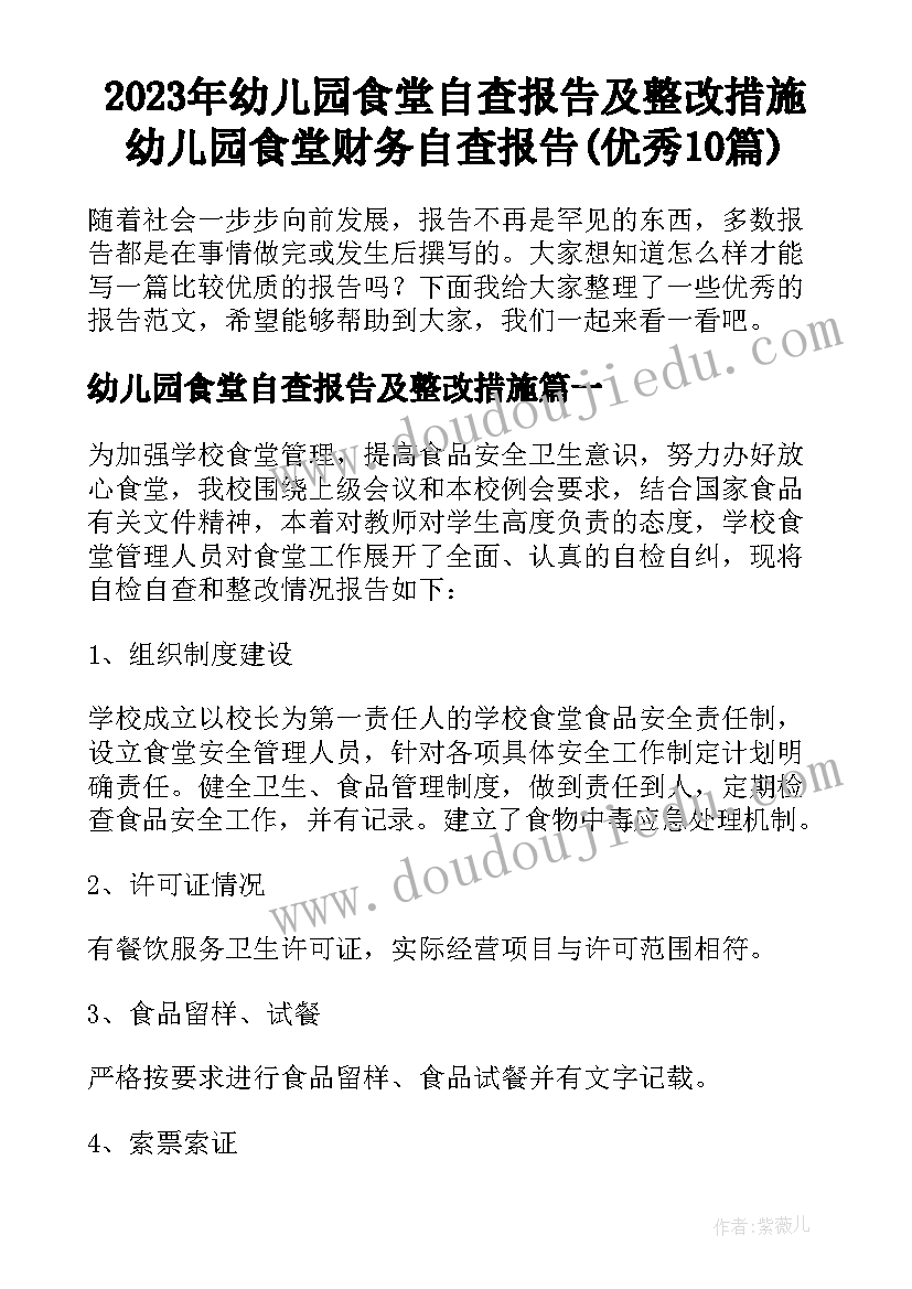 2023年幼儿园食堂自查报告及整改措施 幼儿园食堂财务自查报告(优秀10篇)