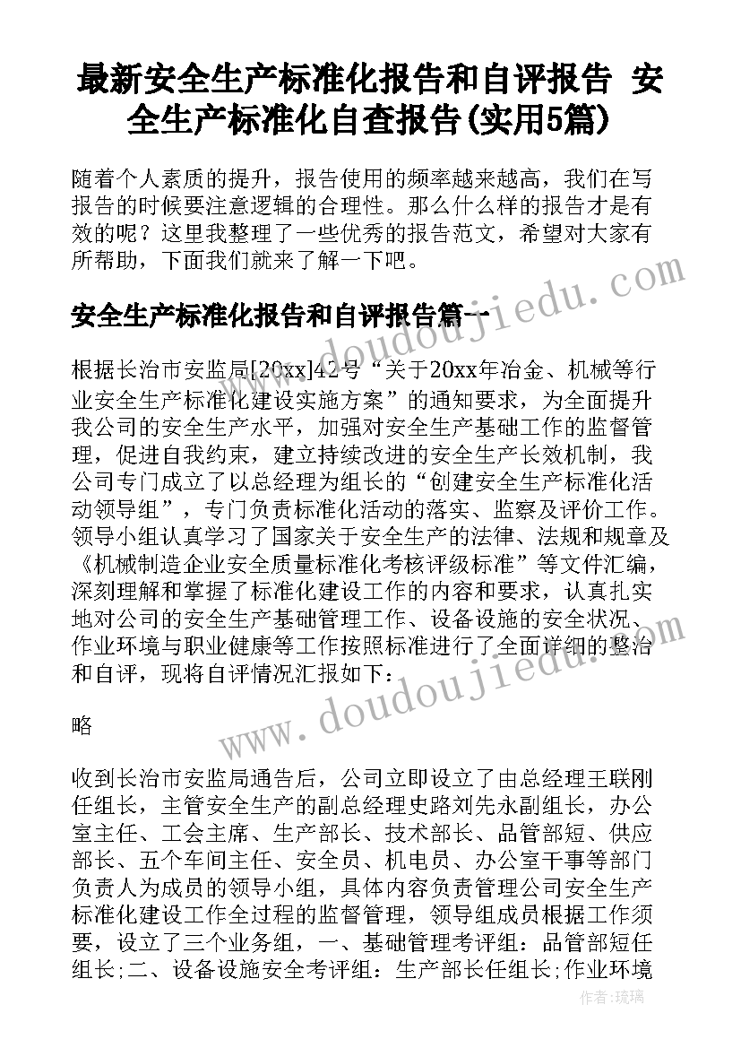 最新安全生产标准化报告和自评报告 安全生产标准化自查报告(实用5篇)