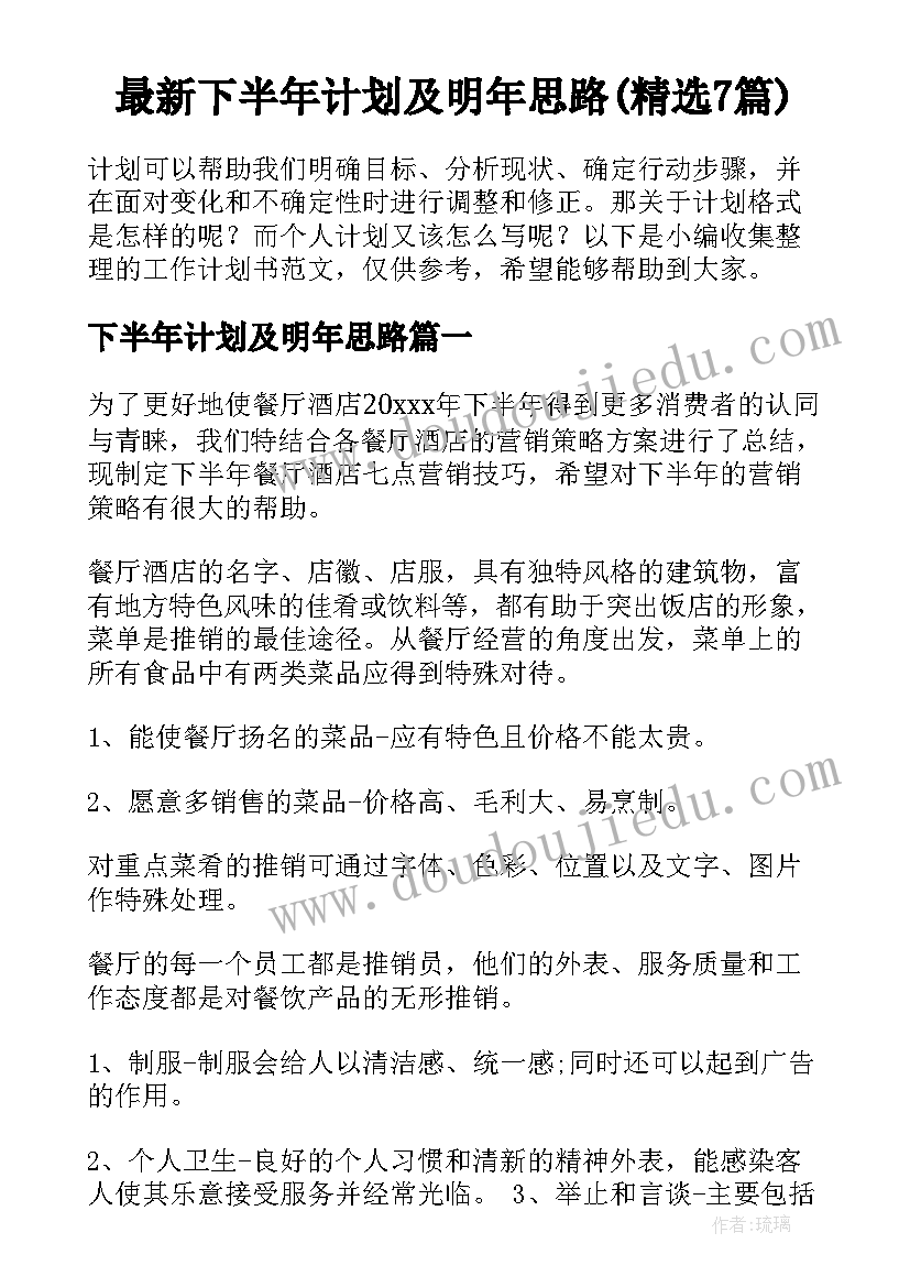 最新下半年计划及明年思路(精选7篇)