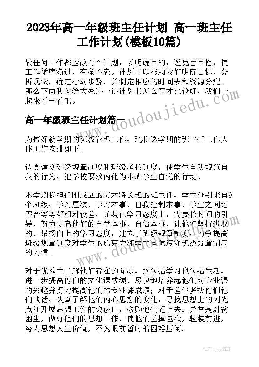 2023年高一年级班主任计划 高一班主任工作计划(模板10篇)