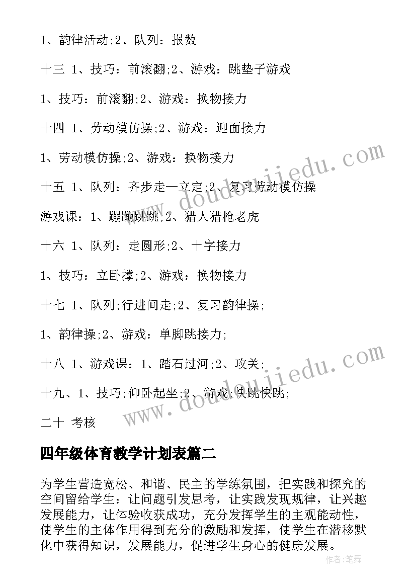 最新四年级体育教学计划表 小学四年级体育教学下学期工作计划(模板8篇)