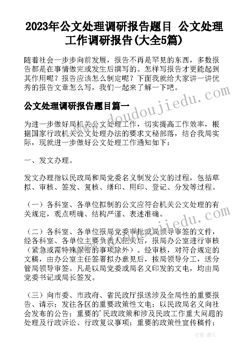 2023年公文处理调研报告题目 公文处理工作调研报告(大全5篇)