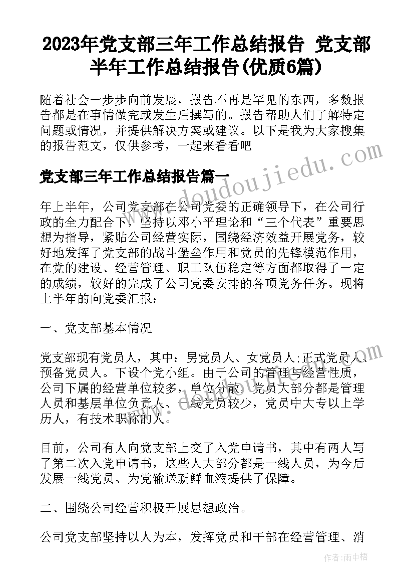 2023年党支部三年工作总结报告 党支部半年工作总结报告(优质6篇)