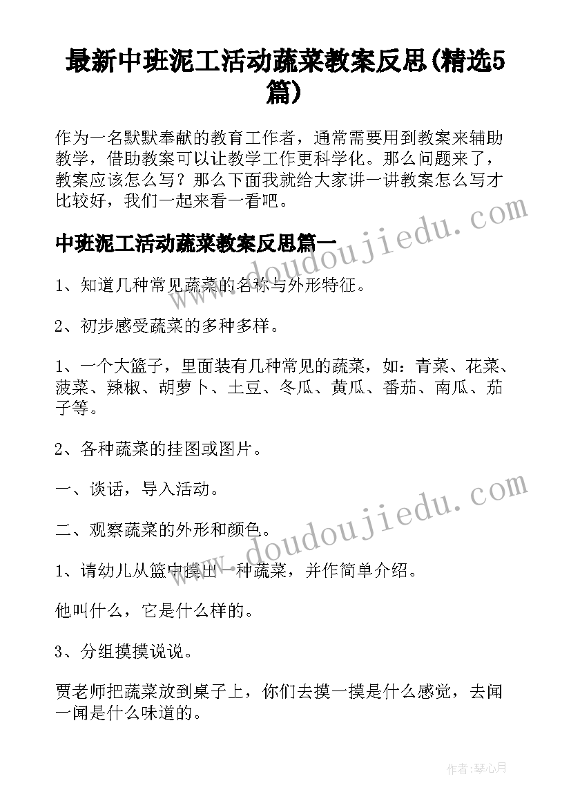 最新中班泥工活动蔬菜教案反思(精选5篇)