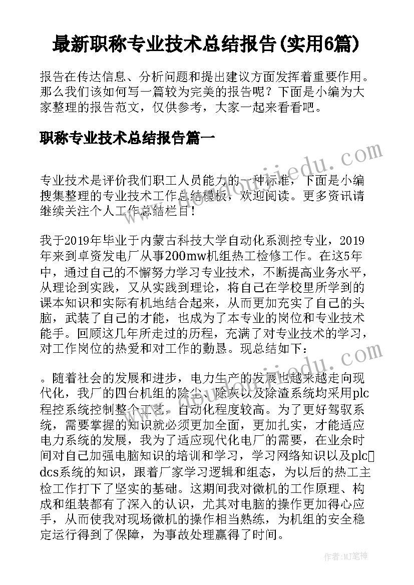 最新职称专业技术总结报告(实用6篇)